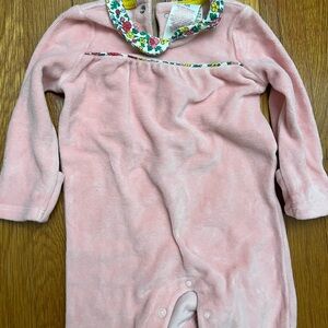 Baby Boden Pink Velour Romper with Floral Trim, size 6-9 months